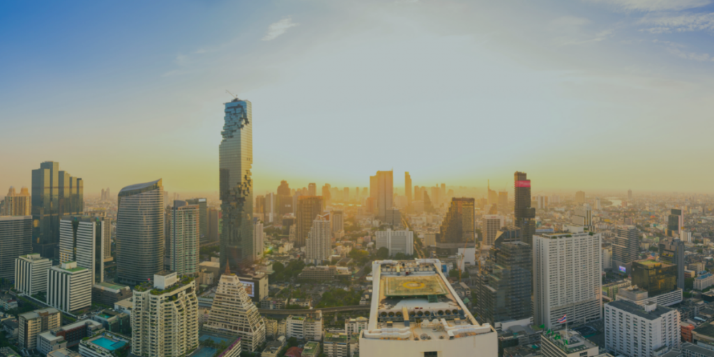 City skyline and buildings with sunrise